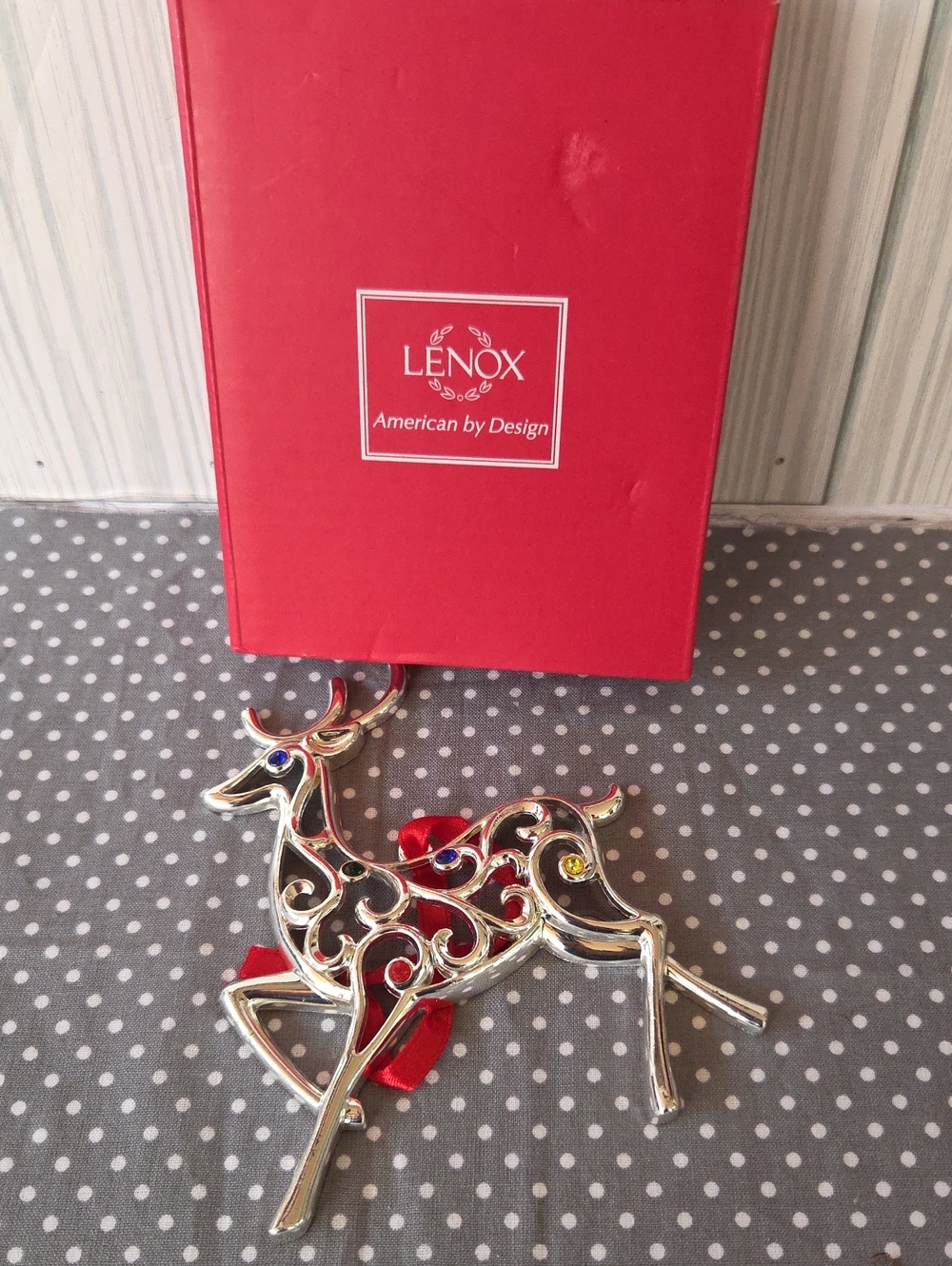 Lenox Silver-Tone Filigree Reindeer with Red Ribbon and Jewel Accents Ornament